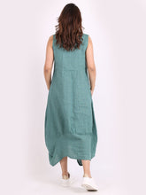 Load image into Gallery viewer, Italian Square Neck Ocean Green Linen Sleeveless Dress Sz 10-18
