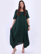 Load image into Gallery viewer, Italian Plain Square Neck Linen Dress Bottle Green Sz 12-18
