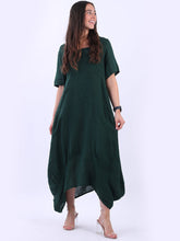 Load image into Gallery viewer, Italian Plain Square Neck Linen Dress Bottle Green Sz 12-18
