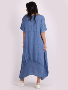 Italian Plain Square Neck Linen Dress Denim Sz 12-18