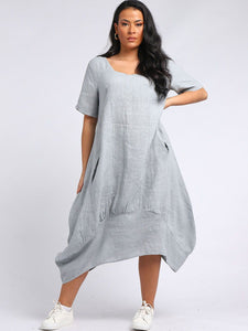 Italian Plain Square Neck Linen Dress Silver Sz 12-18