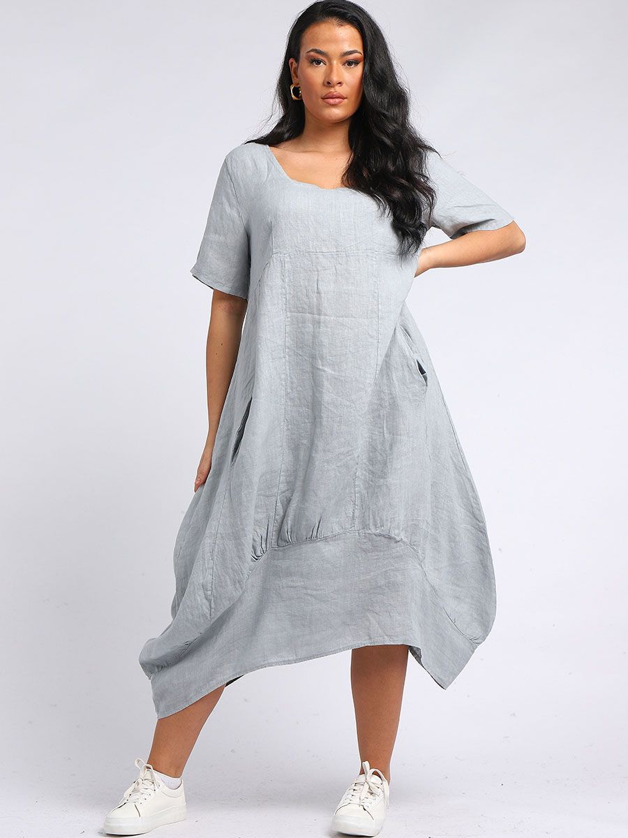 Italian Plain Square Neck Linen Dress Silver Sz 12-18