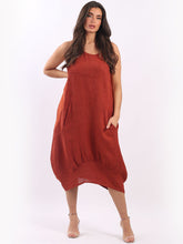 Load image into Gallery viewer, Italian Plain Ribbed Sides Linen Sleeveless Dress ~ Rust
