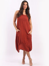 Load image into Gallery viewer, Italian Plain Ribbed Sides Linen Sleeveless Dress ~ Rust
