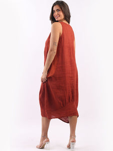 Italian Plain Ribbed Sides Linen Sleeveless Dress ~ Rust