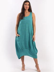Italian Plain Ribbed Sides Linen Sleeveless Dress ~ Teal