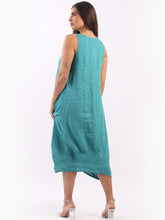 Load image into Gallery viewer, Italian Plain Ribbed Sides Linen Sleeveless Dress ~ Teal
