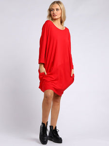 Italian Cotton Side Pocket Dress Red Sz 12-18
