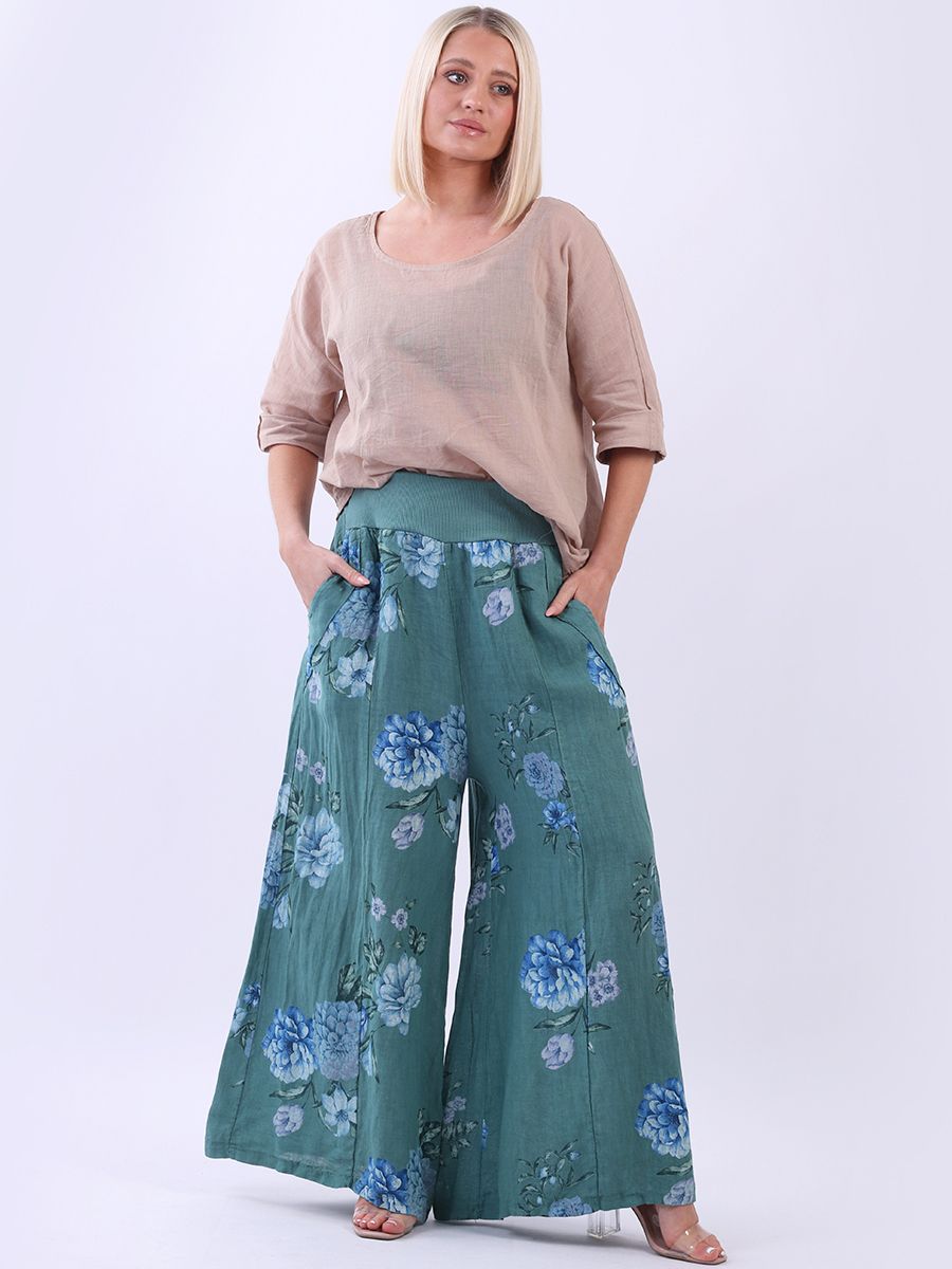 Italian Linen Palazzo Pants 'Rena' Ocean Sz 10-16