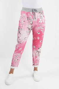 Italian Stretch Cotton Trousers ~ Floral Fuschia