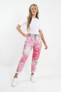 Italian Stretch Cotton Trousers ~ Floral Fuschia