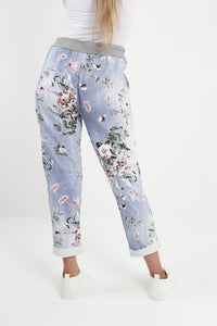 Italian Stretch Cotton Trousers Floral Light Blue