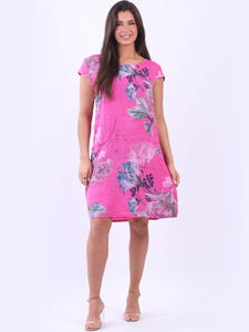Italian Slim Fit Floral Fuschia Linen Dress Sz 8-14