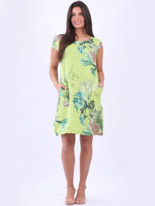 Italian Slim Fit Floral Lime Linen Dress Sz 8-14