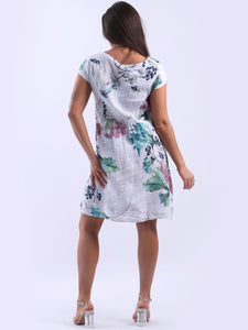 Italian Slim Fit Floral White Linen Dress Sz 8-14