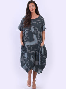 Italian Cotton Abstract Dress Charcoal Sz 12-20