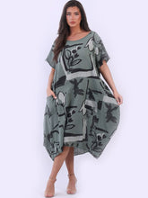 Load image into Gallery viewer, Italian Cotton Abstract Dress Khaki Sz 12-20
