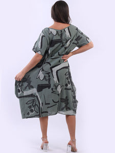 Italian Cotton Abstract Dress Khaki Sz 12-20