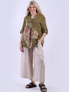 Italian Linen Floral Duo Button Top Olive Sz 10-16