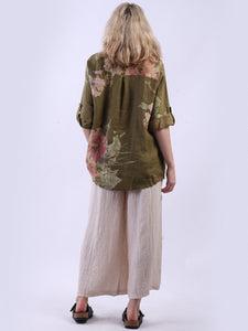 Italian Linen Floral Duo Button Top Olive Sz 10-16