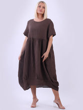 Load image into Gallery viewer, Italian Plain Balloon Hem Chocolate Linen Dress Sz 12-18
