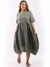 Load image into Gallery viewer, Italian Plain Balloon Hem Linen Dress Khaki Sz 12-18
