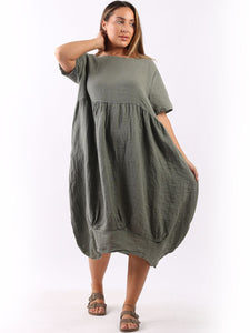 Italian Plain Balloon Hem Linen Dress Khaki Sz 12-18
