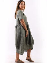 Load image into Gallery viewer, Italian Plain Balloon Hem Linen Dress Khaki Sz 12-18
