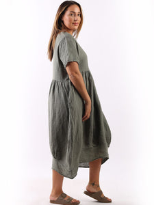 Italian Plain Balloon Hem Linen Dress Khaki Sz 12-18