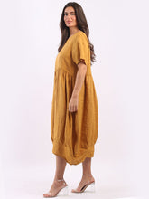 Load image into Gallery viewer, Italian Plain Balloon Hem Mustard Linen Dress Sz 12-18
