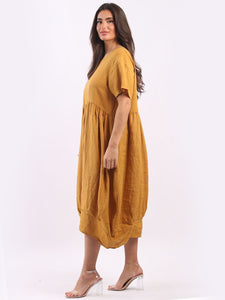 Italian Plain Balloon Hem Mustard Linen Dress Sz 12-18