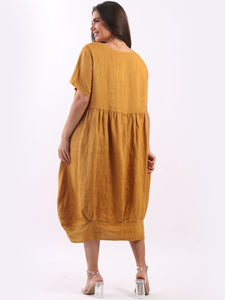 Italian Plain Balloon Hem Mustard Linen Dress Sz 12-18