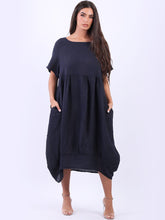 Load image into Gallery viewer, Italian Plain Balloon Hem Navy Linen Dress Sz 12-18
