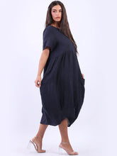 Load image into Gallery viewer, Italian Plain Balloon Hem Navy Linen Dress Sz 12-18

