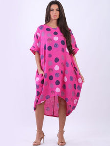 Italian Polka Dot Linen Free Size Dress ~ Fuschia