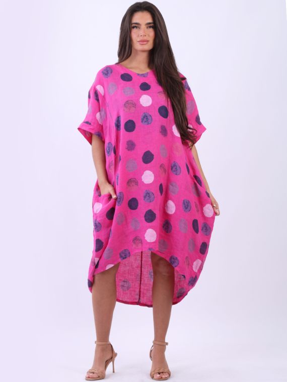 Italian Polka Dot Linen Free Size Dress ~ Fuschia