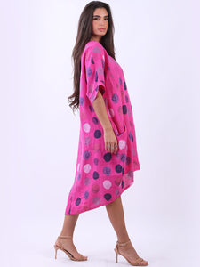 Italian Polka Dot Linen Free Size Dress ~ Fuschia