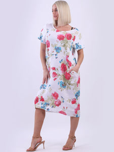 Italian Classic Shift Rose White Linen Dress Sz 10-16