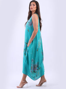 Made in Italy Square Neck Sleeveless Blossom Maxi Dress ~ Aqua