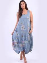 Load image into Gallery viewer, Italian Square Neck Blossom Denim Linen Dress Sz 10-16

