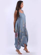 Load image into Gallery viewer, Italian Square Neck Blossom Denim Linen Dress Sz 10-16
