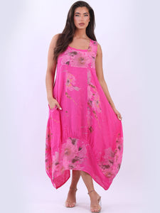 Italian Square Neck Blossom Fuschia Linen Dress Sz 10-16
