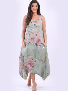 Italian Square Neck Blossom Khaki Linen Dress Sz 10-16