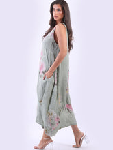 Load image into Gallery viewer, Italian Square Neck Blossom Khaki Linen Dress Sz 10-16
