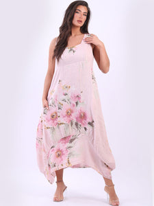 Italian Square Neck Blossom Pink Linen Dress Sz 10-16