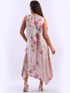 Italian Square Neck Blossom Pink Linen Dress Sz 10-16