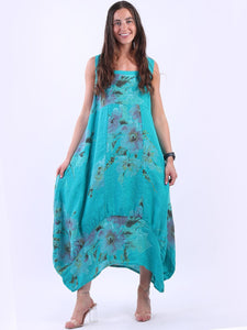 Italian Square Neck Blossom Teal Linen Dress Sz 10-16