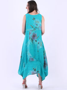 Italian Square Neck Blossom Teal Linen Dress Sz 10-16