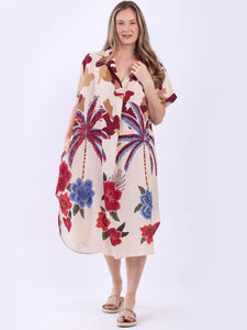 Italian Linen Tropical Print Dress ~ Wine