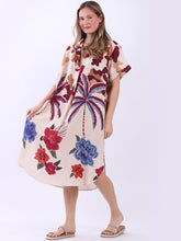 Load image into Gallery viewer, Italian Linen Tropical Print Dress ~ Wine
